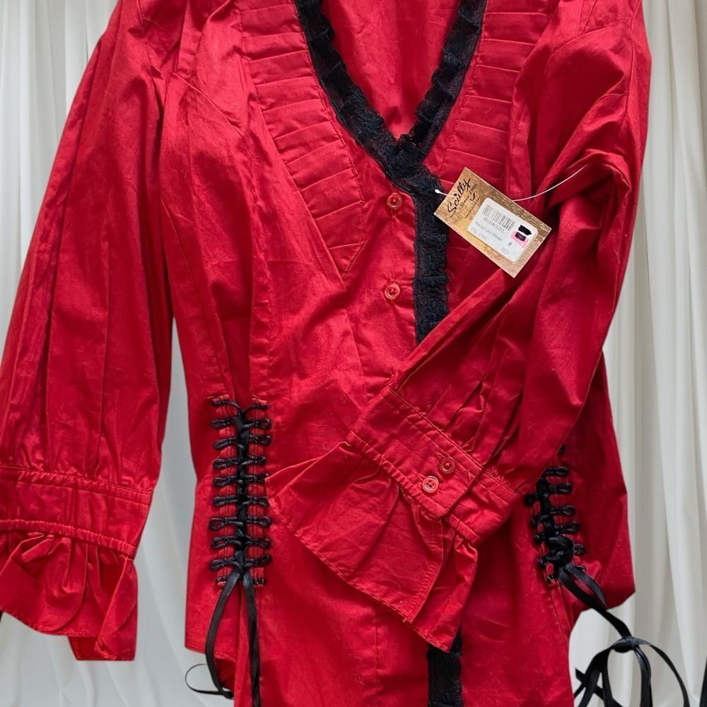 SCULLY Shirt Corset NWT Blouse Marion Ruffle Button Up Stretch Red Black Size M - Picture 8 of 14